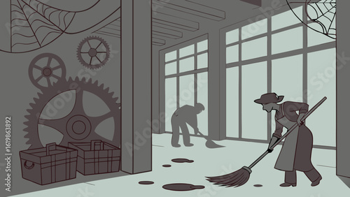Workers diligently clean a dusty abandoned factory filled with cobwebs and large gears preparing it for a new purpose