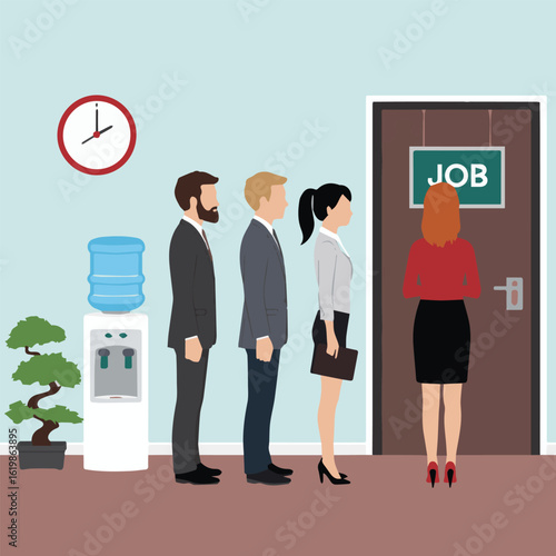 People are waiting in line for a job interview near a water cooler and a clock on the wall in an office