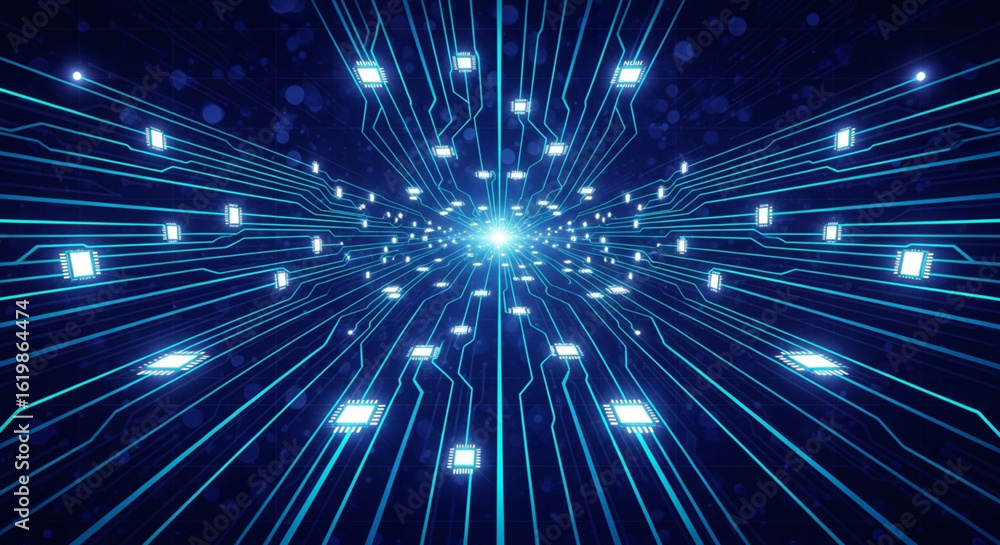 Naklejka premium Futuristic Glowing Circuit Board Background with Blue Neon Lines and Digital Tech Nodes on Dark Surface