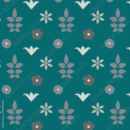 Mid-century modern floral seamless vector pattern in retro folk art style