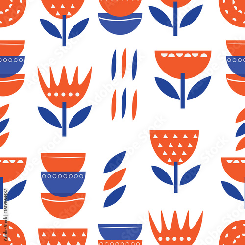 Mid-century modern floral seamless vector pattern in retro folk art style