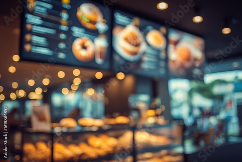 Blurred cafe interior with menu boards