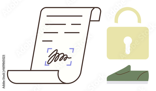 Handwritten signature on rolled document with highlighted area, secure lock, and fingerprint icon. Ideal for privacy, authentication, contracts, digital security, official approval, trust and legal