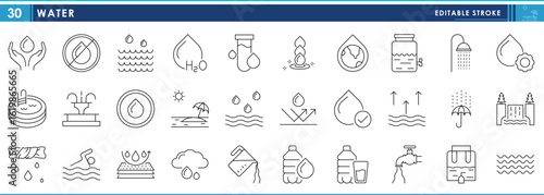 A set of line icons related to Water. Park, stream, river, drop, bottle, fresh, umbrella, shower, and so on. Vector editable stroke.