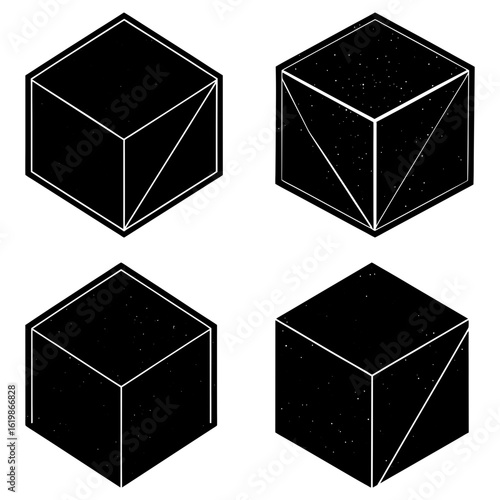 Isometric black cubes with white outlines and internal triangular divisions arranged in a square grid