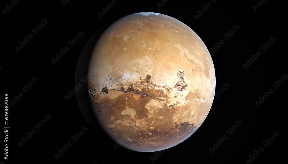 Fototapeta premium Textured planet with icy poles and rocky surface floating in deep space.