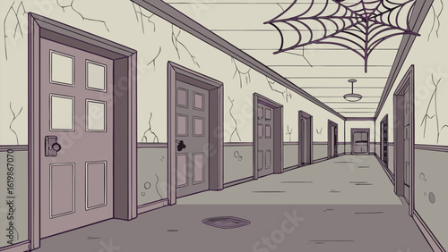 Creepy abandoned hallway with cracked walls multiple doors and a large spiderweb hanging from the ceiling evoking a sense of mystery and neglect