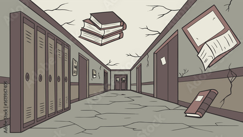 An abandoned school hallway with cracked walls floating books and rows of lockers creating an eerie and unsettling atmosphere