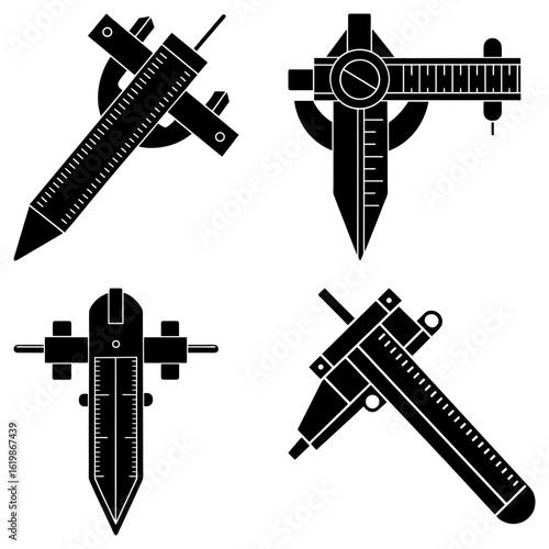 Four different caliper designs presented in black and white for technical illustration purposes here