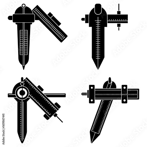 Four black and white illustrations showing different views of an inside caliper tool design layout