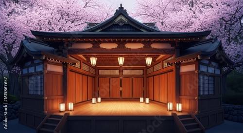 Traditional japanese shrine entrance illuminated by lanterns under a canopy of blooming pink cherry blossom trees