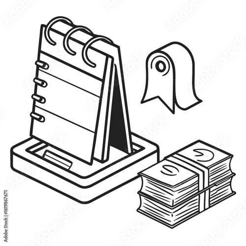 Desk Calendar, Money, and Tag: Business Planning and Financial Success Illustration