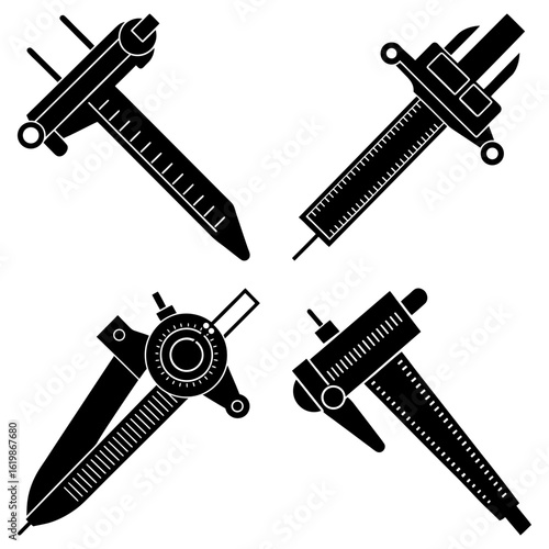 Four black and white engineering calipers and dividers in a square format graphic illustration design