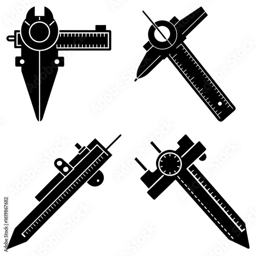 Four black and white illustrations of calipers used for precise measurement and dimension determination