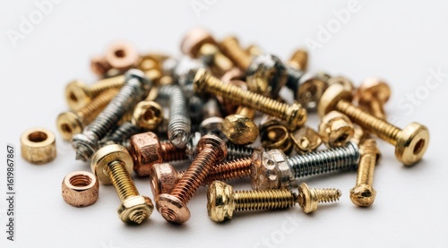 Assorted metal screws and nuts in various colors