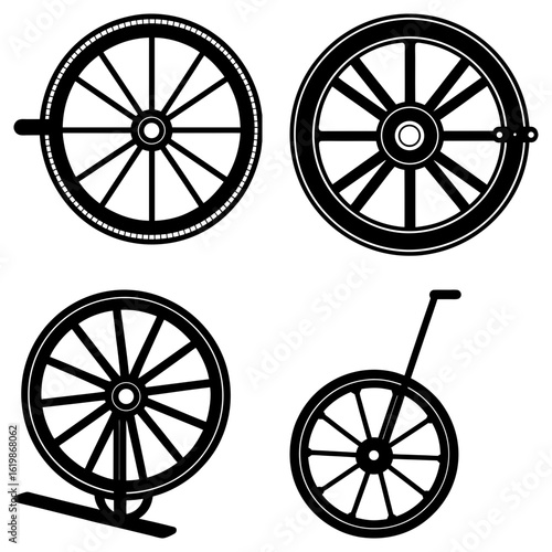 Illustration of four distinct black and white wheels with spokes in various designs and orientations