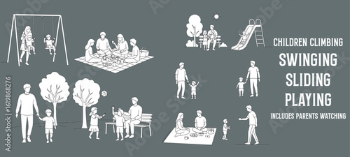 Minimal Outline Vector Illustration of Children Climbing, Swinging, Sliding, and Playing in a Park with Parents Watching and Interacting