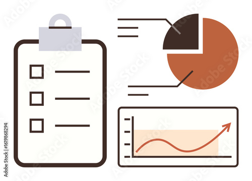 Clipboard checklist, segmented pie chart, and upward-trending line graph presenting key performance indicators. Ideal for business, progress tracking, analytics, strategy, planning, organization