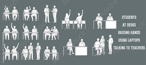 Minimal Outline Vector Illustration of Students Sitting at Desks, Raising Hands, Using Laptops, and Interacting or Talking with Teachers in Classroom Settings
