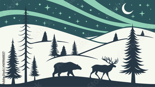 Serene Winter Landscape: Silhouette of Bear and Elk in Snowy Mountains under a Magical Aurora Borealis and Crescent Moon, Minimalist Vector Illustration, Peaceful Night Scene.