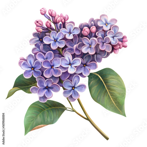 Beautiful cluster of purple lilac flowers isolated on transparent background