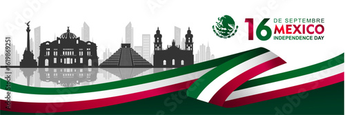 16 De Septiembre Independencia De México, means Mexico Independence Day 16th September. Banner with landmarks silhouette and ribbon illustration. Great for cards, posters, banners and social media.