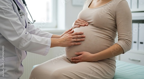 Doctor providing gentle prenatal care to a pregnant woman, examining her belly during a medical checkup in a clinic