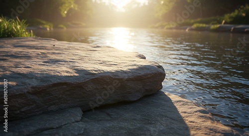 Serene Riverbank at Dawn: Tranquil Nature Scene