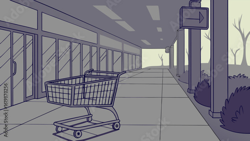 A lone shopping cart sits on a tiled walkway outside a row of storefronts with large glass windows and a directional sign overhead