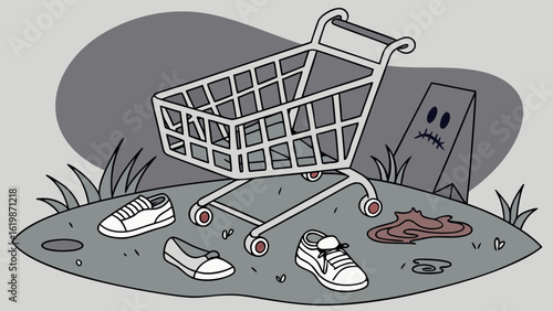 A lonely shopping cart sits abandoned on a desolate landscape surrounded by scattered shoes and a spooky tombstone creating a scene of forgotten journeys and eerie solitude