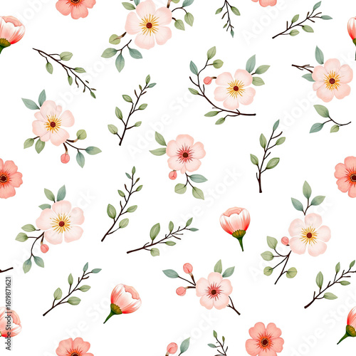 Seamless Floral Pattern: Delicate Pink Blossoms and Green Leaves