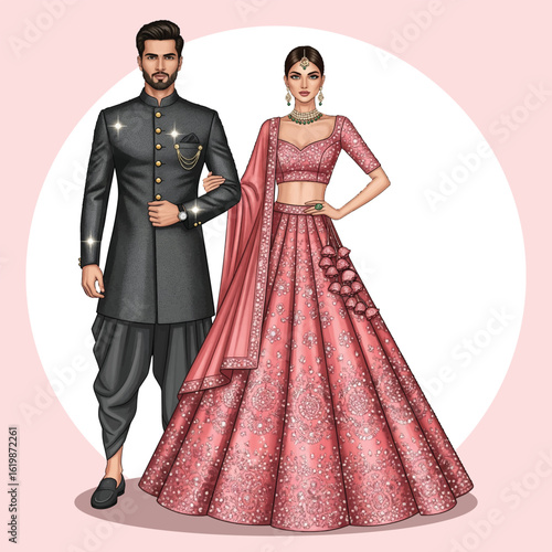 Modern Indian Wedding Couple in Designer Sherwani and Embellished Pink Lehenga – Vector Illustration