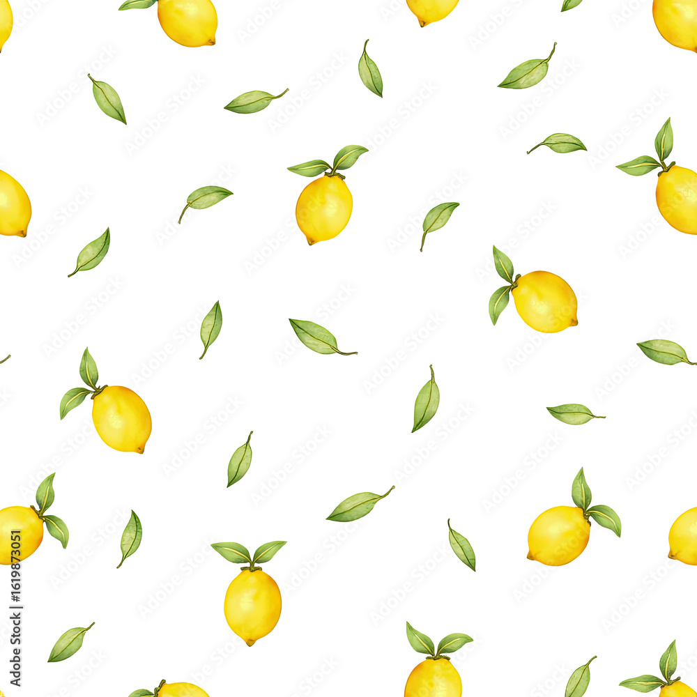 Obraz premium Vibrant Lemon Pattern with Green Leaves