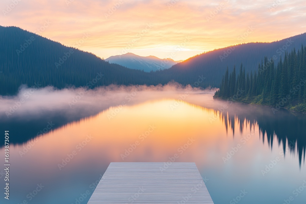 Fototapeta premium Serene Lake at Sunrise with Mountain Backdrop and Wooden Pier