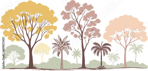Watercolor illustration of softly painted trees in muted pastel tones, arranged in two rows on a white background with airy composition

