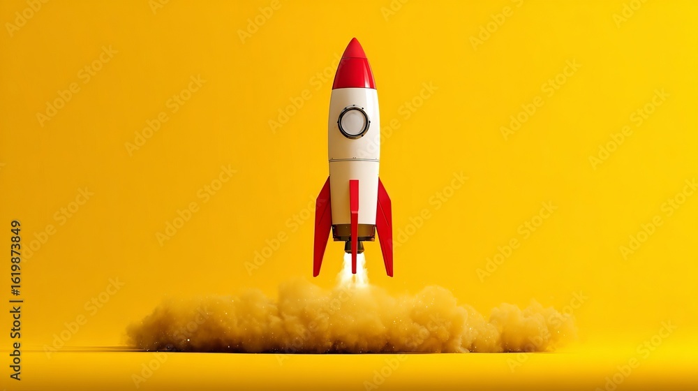 Fototapeta premium Yellow rocket taking off against a yellow background a detailed illustration, high resolution photography, a stock photo, professional color grading, clean sharp focus, and perfect details. 