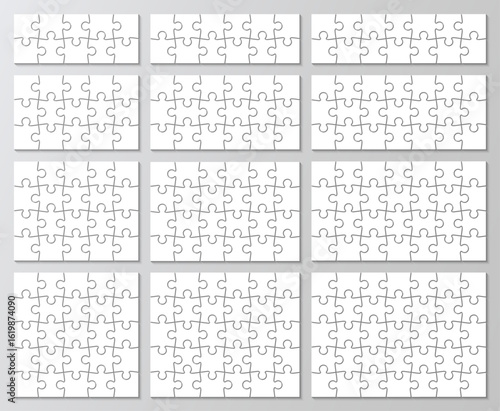 12 jigsaw grid set. Process puzzles diagram presentation. Infographics collection. Business chain infographic. Business info graphic with steps, parts. Vector illustration