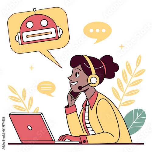 Customer service agent talking to a robot assistant isolated on transparent background