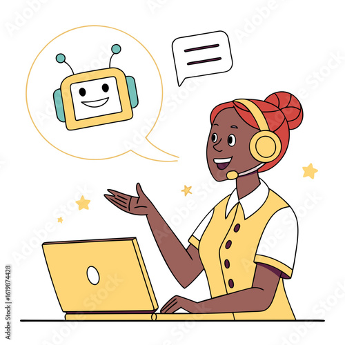 Customer service agent interacting with a chatbot on a laptop isolated on transparent background