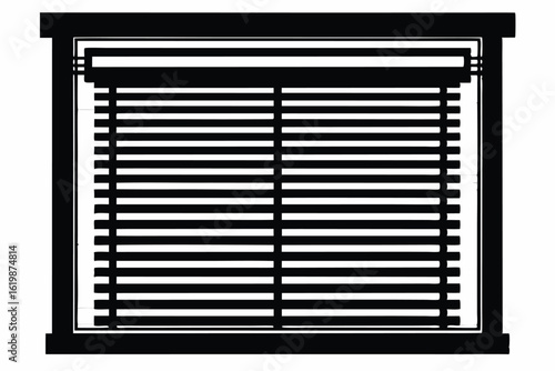 Window with Closed Horizontal Blinds and Dark Frame in Black and White Style