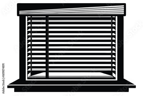 Black and white illustration showcases a window with partially opened horizontal blinds
