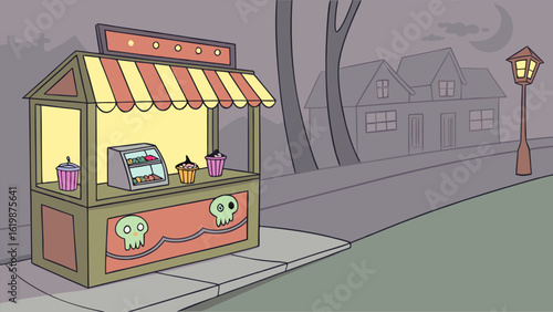 A spooky dessert stand with cupcakes and treats is set up on a quiet street corner at dusk illuminated by a vintage lamppost with houses and a cemetery in the background