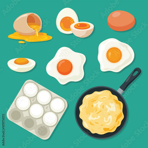 Collection of various cooked and raw eggs on a teal background
