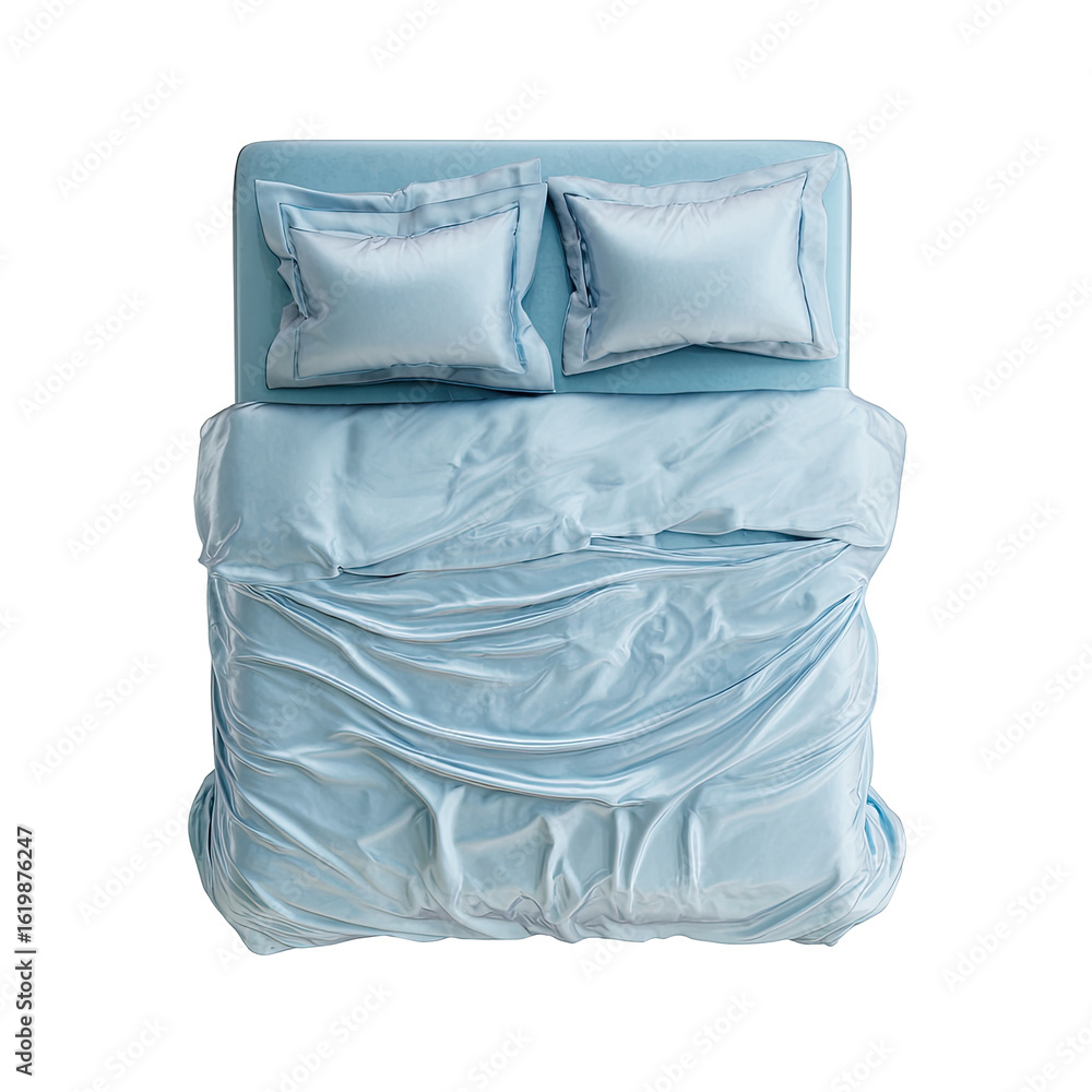 Obraz premium Light blue bed, top view. Soft, draped sheets and pillows. Empty, ready for sleep