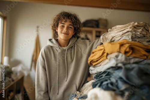 Portrait of a smiling teenage boy next to a pile of folded laundry at home
