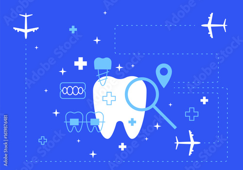 Medical Tourism. Dental tourism concept. Medicine service abroad background overlay. Dentist and Travel symbol