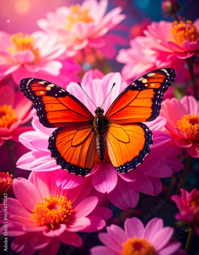 Fototapeta premium Vibrant butterfly on pink flowers