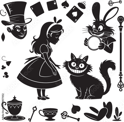 Alice in Wonderland Vector Illustration with Mad Hatter Cheshire Cat and White Rabbit for Book Cover Design