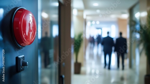 Fire alarm in a high rise building lobby with people entering and exiting capturing the importance of fire alarms in urban apartment complexes