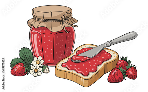 Jar of strawberry jam with toast and fresh strawberries